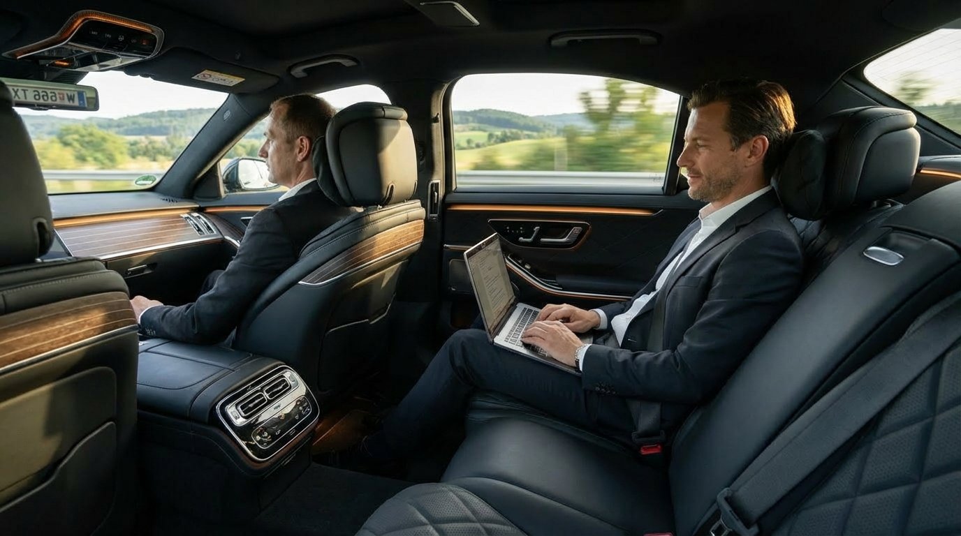 Geschäftsreisender arbeitet komfortabel im Mercedes während Langstreckenfahrt